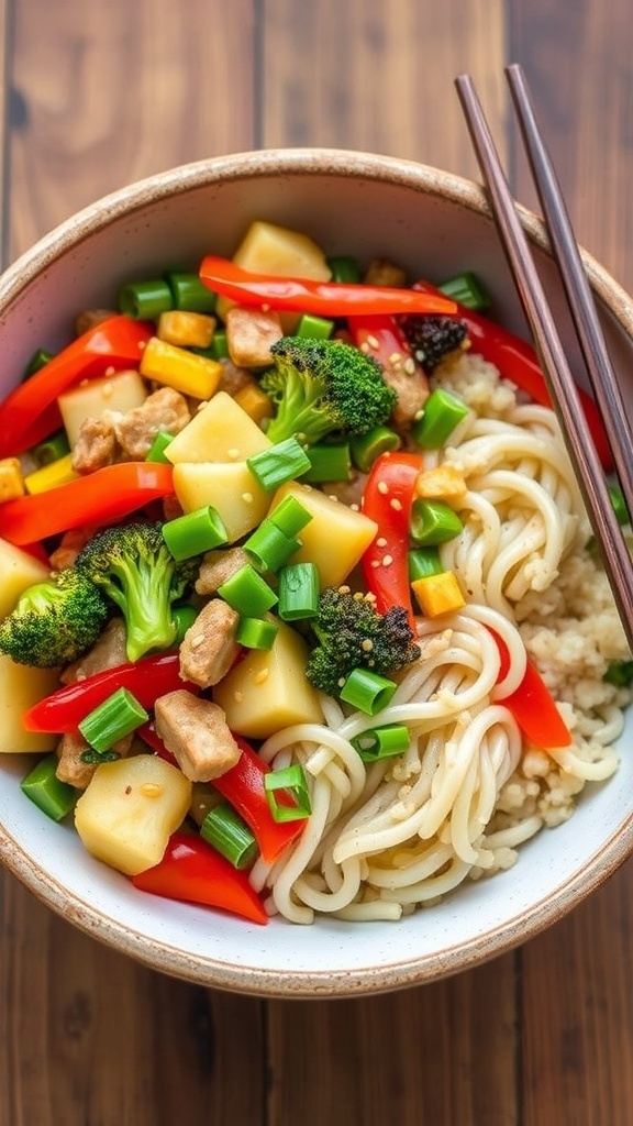 A bowl of cauliflower udon stir-fry with colorful vegetables and udon noodles, garnished with green onions and sesame seeds.